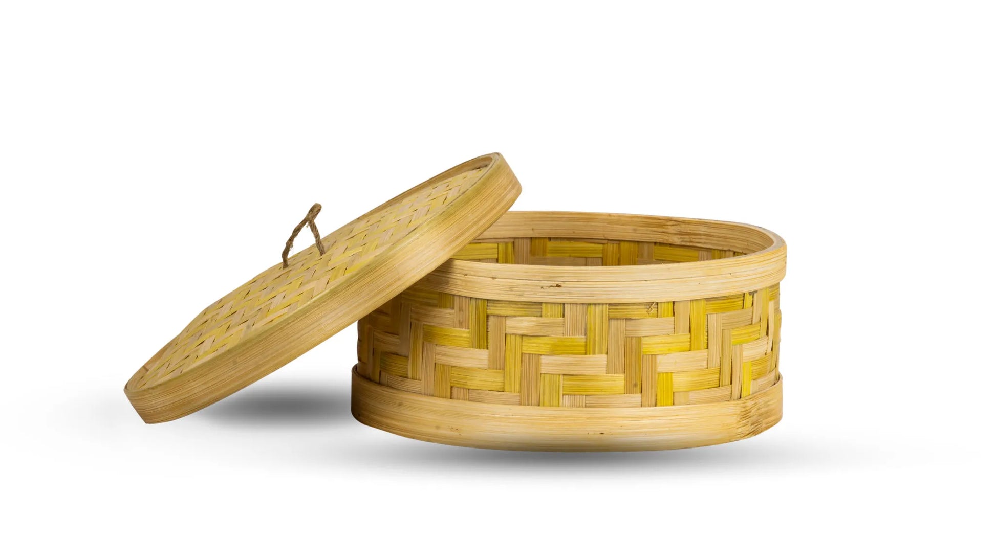 A handcrafted bamboo chapati/snacks box with lid, in an open position, displaying the woven pattern and natural color of the bamboo.