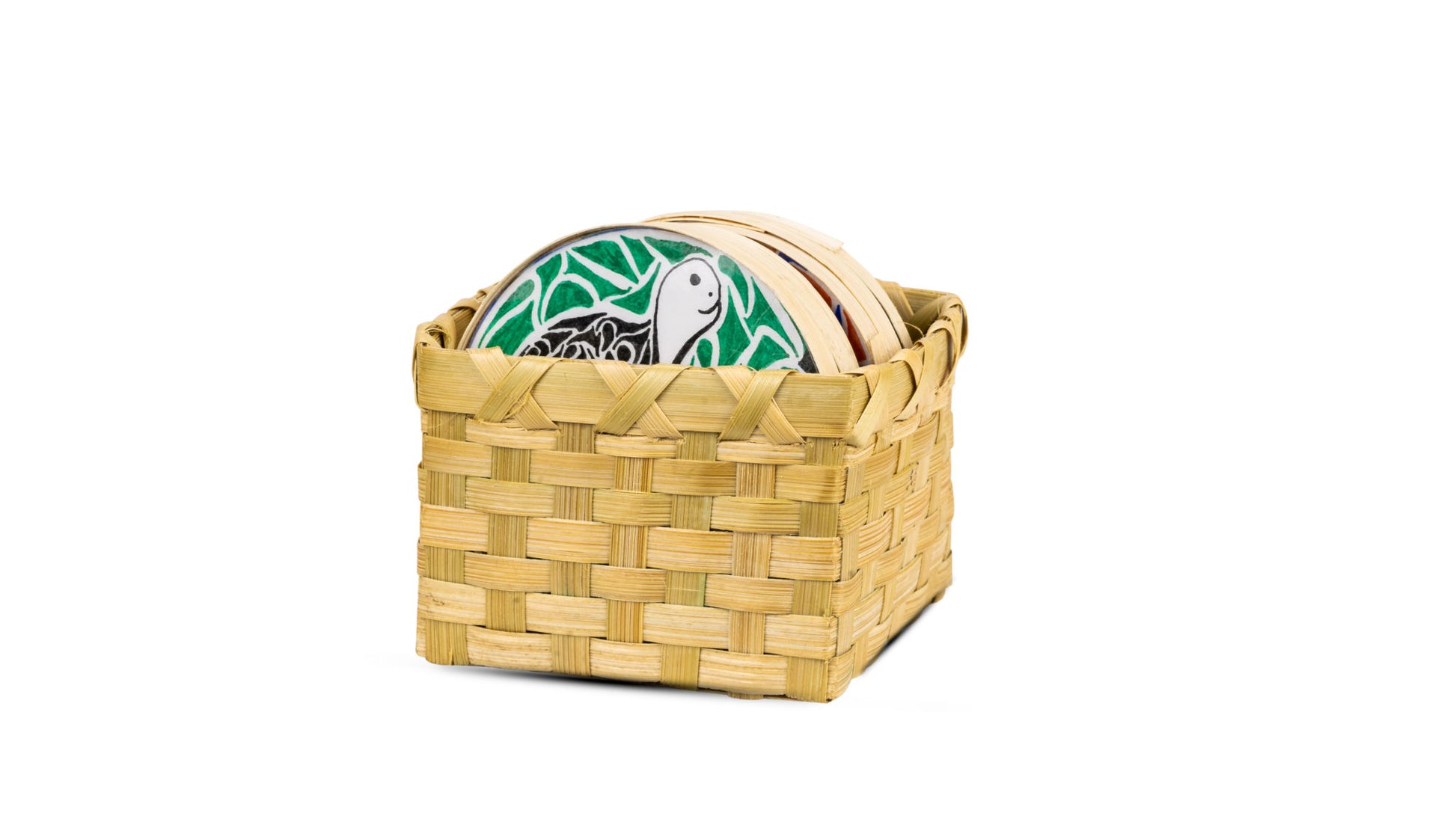 Handcrafted coasters in a bamboo box
