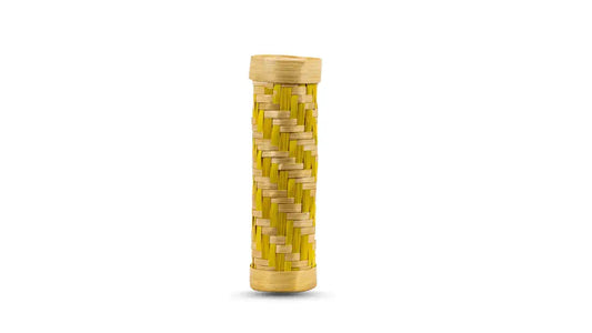 A cylindrical handcrafted bamboo pencil box with a natural wood pattern.