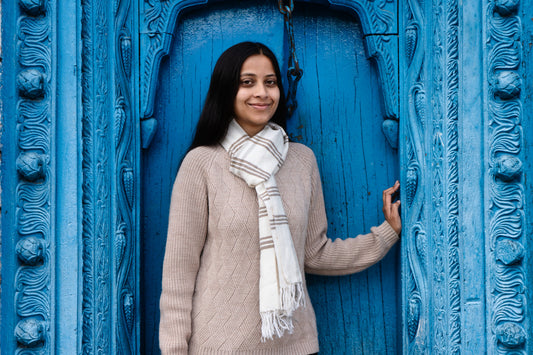 Angora Wool Muffler before an old Kumaoni door