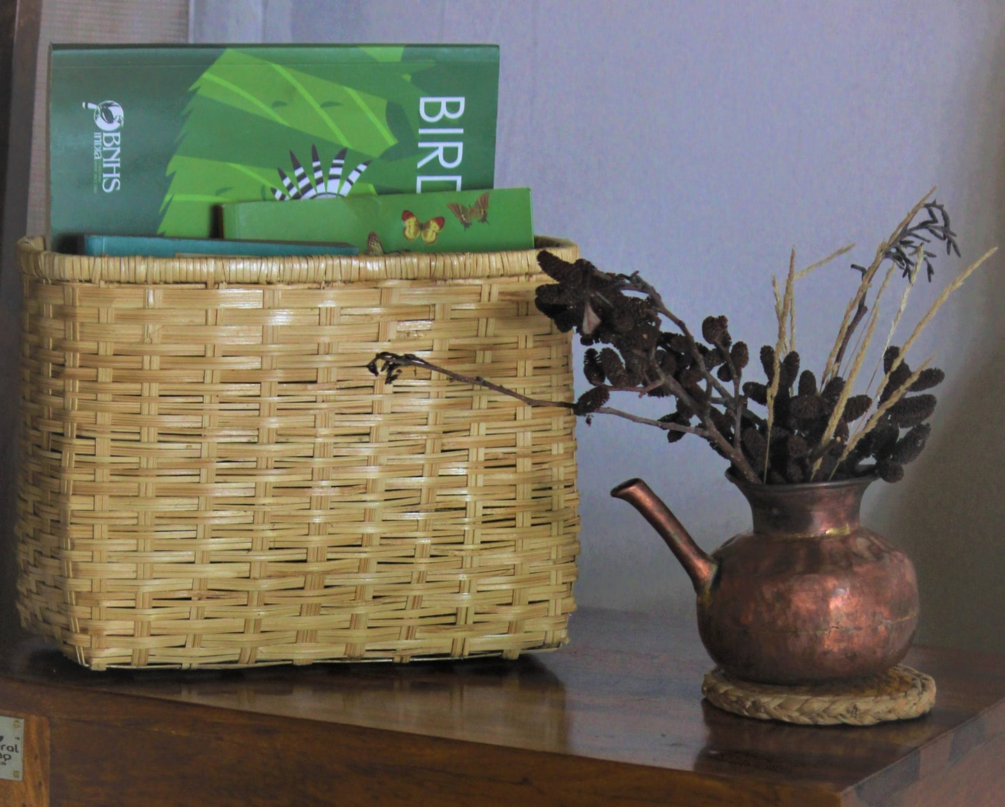 Polished Bamboo Magazine Stand with copper decorative pot