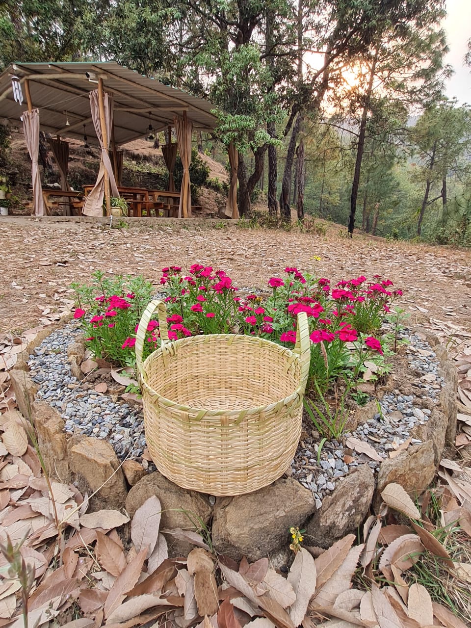 Round bamboo basket with handles