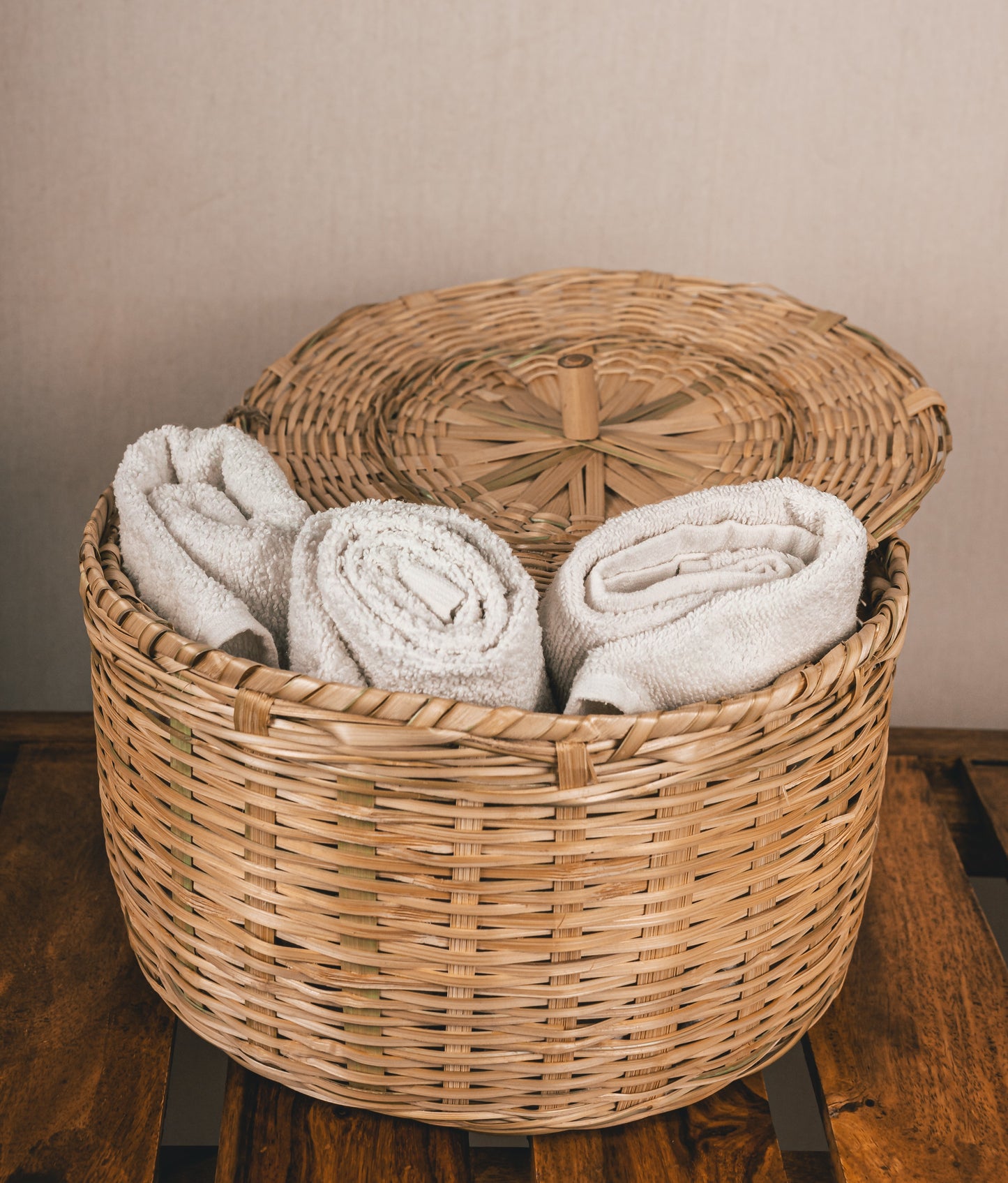 Handmade Bamboo Storage Basket with lid. Great for storing household items.