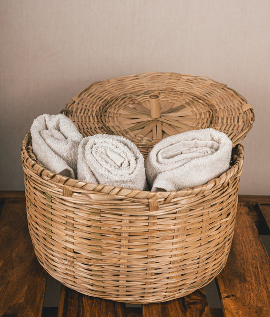 Handmade Bamboo Storage Basket with lid. Great for storing household items.