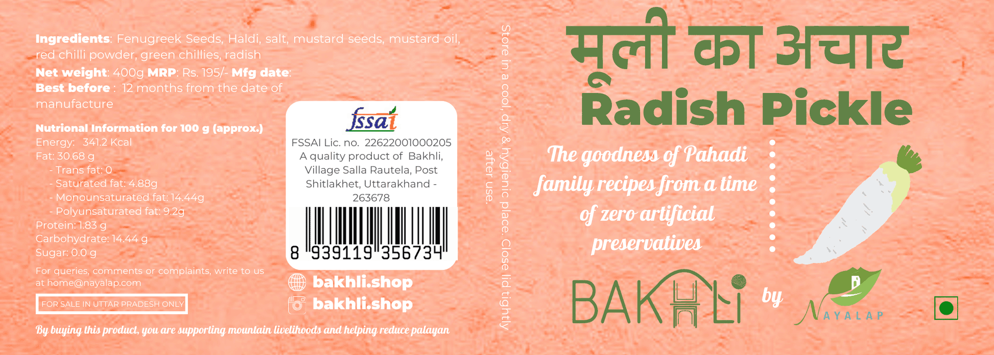 Label of a radish pickle with text and branding on a pink background