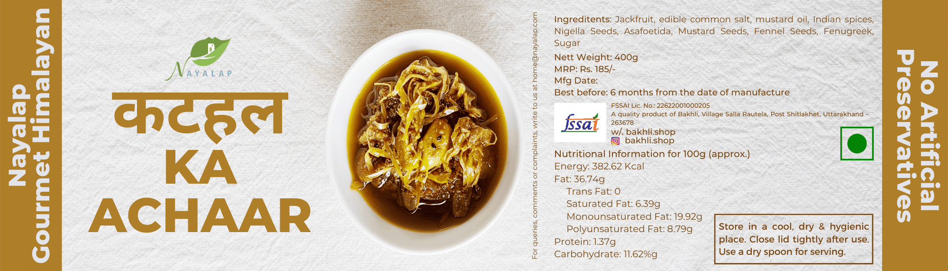 Nayalap Kathal Ka Achaar packaging with text and ingredients list.