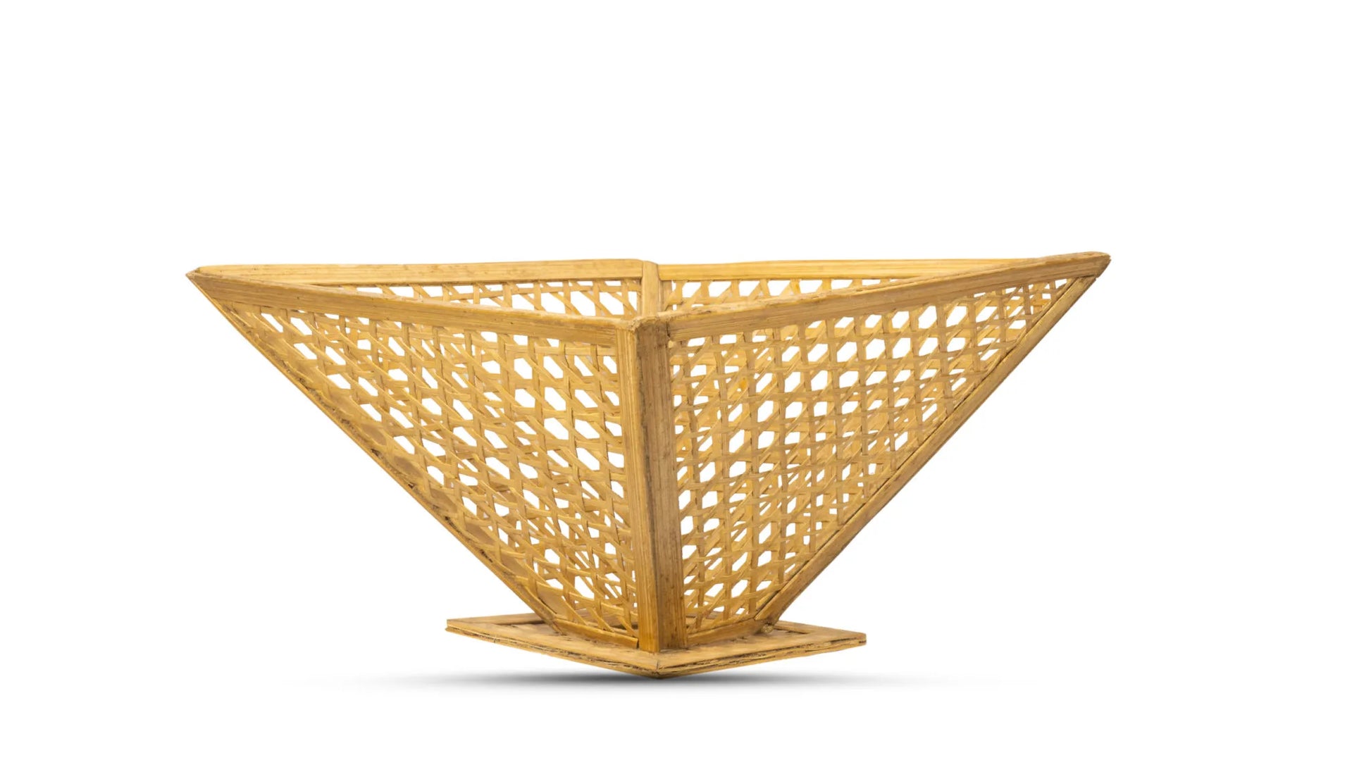 Handmade conical bamboo woven basket on white background